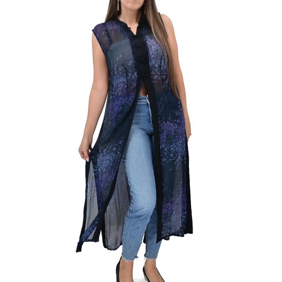CACHE Vintage Womens Size Large Blue Floral Sleeveless Duster Kimono Cardigan